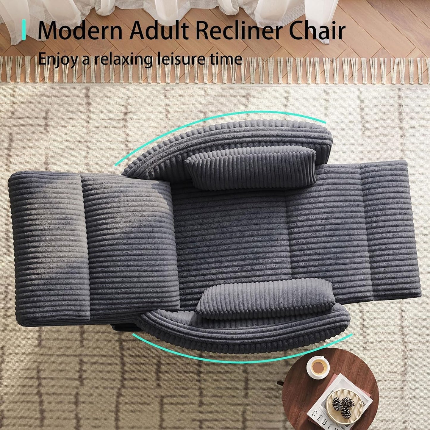 LINSY 360 Swivel Recliner Chair, Nursery Glider Rocking Chair with 2 Pillows, Corduroy Nursing Chair Comfy High Back Adult Rocker Recliner for Small Spaces, Nursery Bedroom Living Room (Gray)