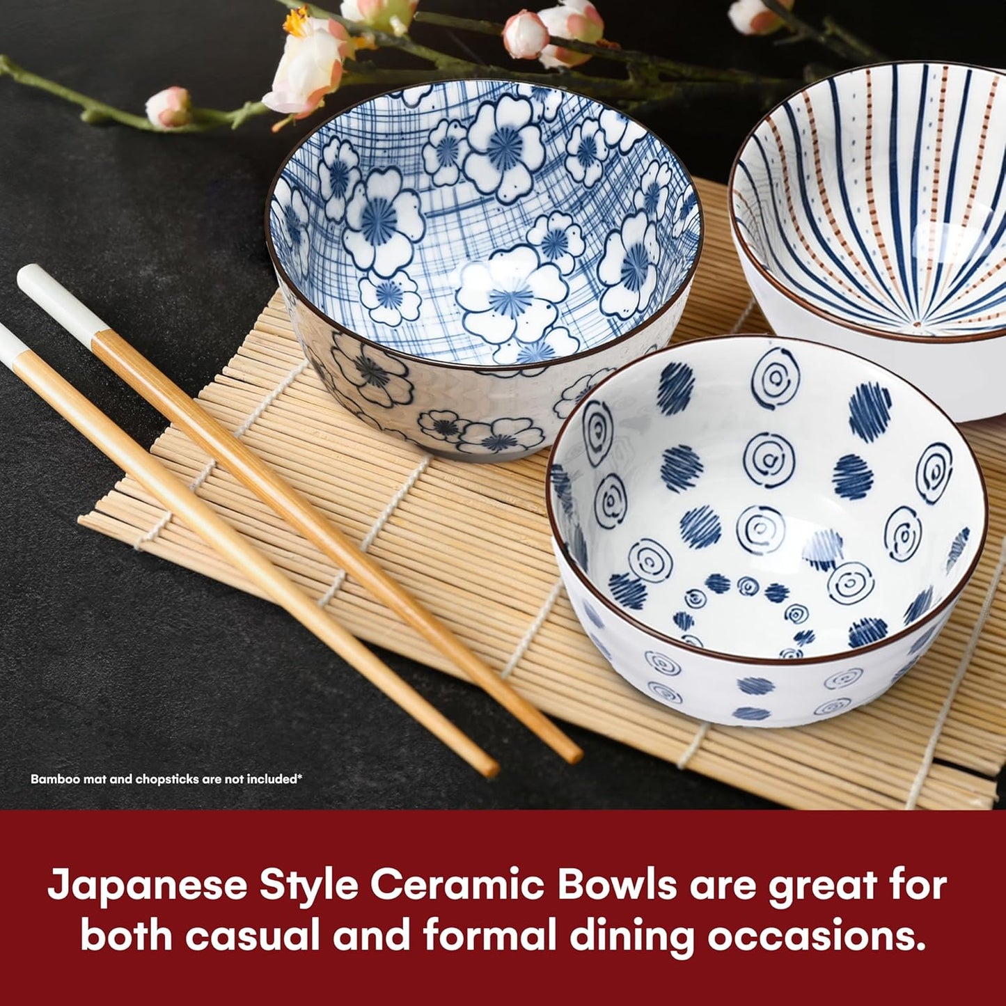 Japanese Rice Bowls Set of 6, Vintage Blue White Porcelain Cereal Bowls, Stackable, Microwaveable & Oven Safe