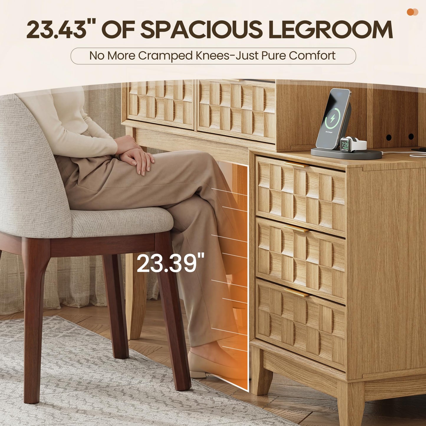 MALOL 50" Checkerboard Vanity Desk, Large Glass Top Dressing Table with 5 Drawers & 4 Storage Shelves, Wooden Makeup Vanity with Built-in Power Strip with USB & Type-C, Natural Wood