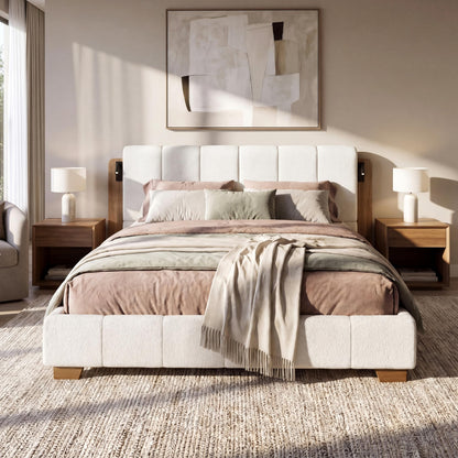 Christopher Knight Home Dora Boucle Upholstered King Bed Frame and Headboard, King Platform Bed and Reading Light, Wooden King Size Bed Frame with Tufted Design, No Box Spring Needed, White + Brown