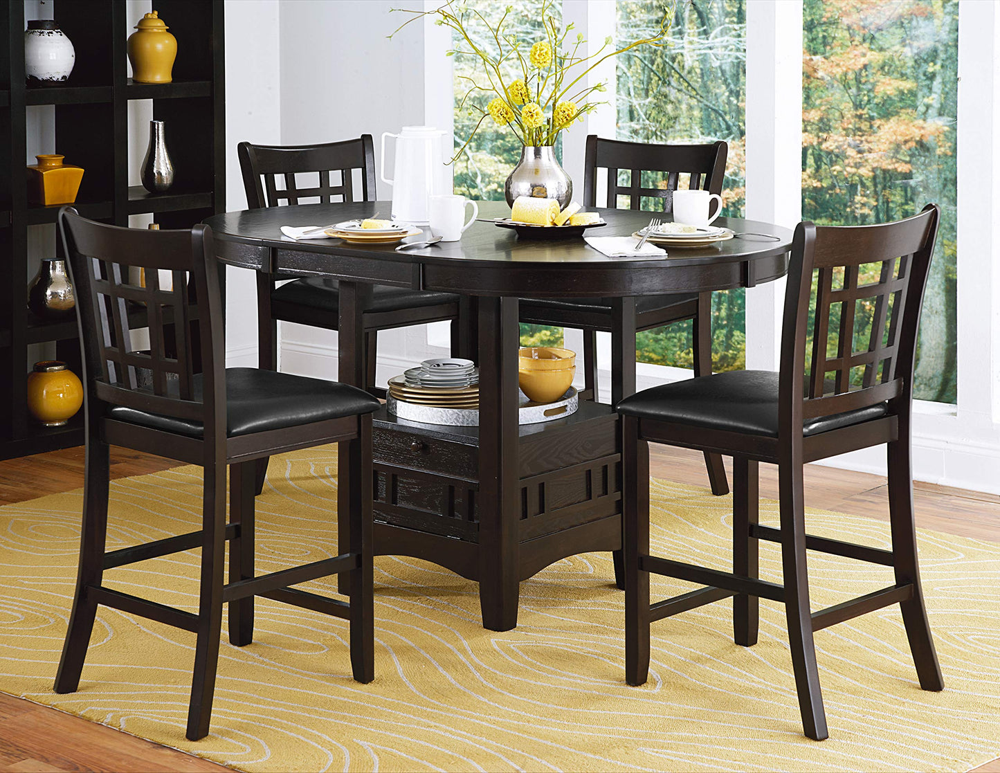 Lexicon Meyer 5 Piece Counter Height Dining Table Set, Extendable Counter Height Dining Room Set for 4, Including 1 Round Kitchen Table and 4 Lattice Back Chairs, Dark Cherry