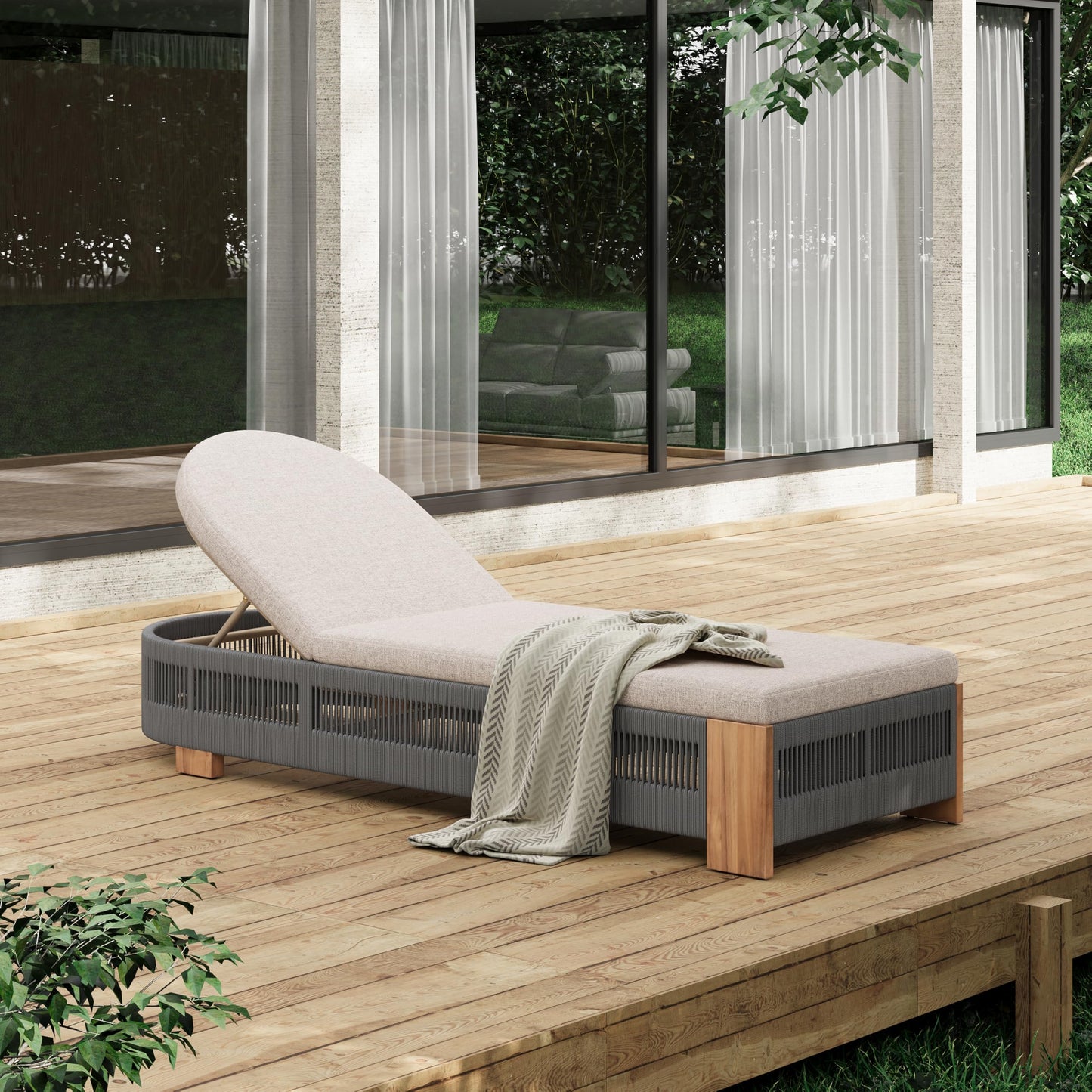 Christopher Knight Home Daskz Outdoor Chaise Lounge Chair, Patio Outdoor Acacia Wood Chaise Lounge, Adjustable Backrest Single Lounge Sofa, Poolside Beach Yard Seating, Rope Design, 79.5'', Teak+Gray