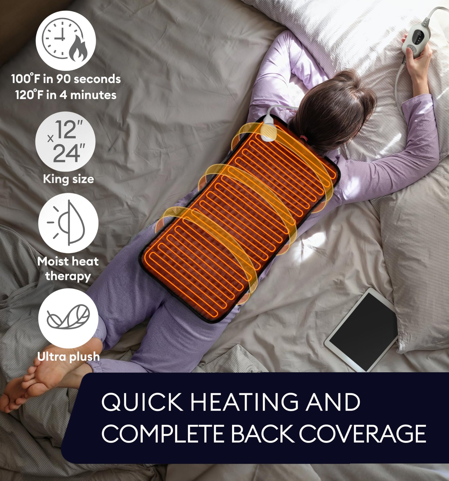 GENIANI Electric Throw - XL Electric Heating Pad for Back Pain & Cramps Relief, Birthday for Women Men Auto Shut Off, Machine Washable, Heat Pad for Neck & Shoulder, 12×24", Tabby Gray