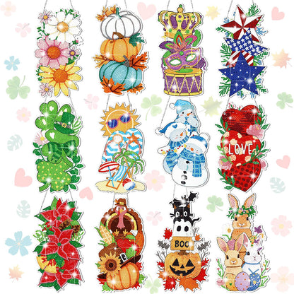 Cinnvoice 12 Pcs Seasonal Diamond Art Wreath Kits Holiday 5d DIY Diamond Painting Signs Germ Hanging Art Ornaments for Wall Door Decorations (Vertical)