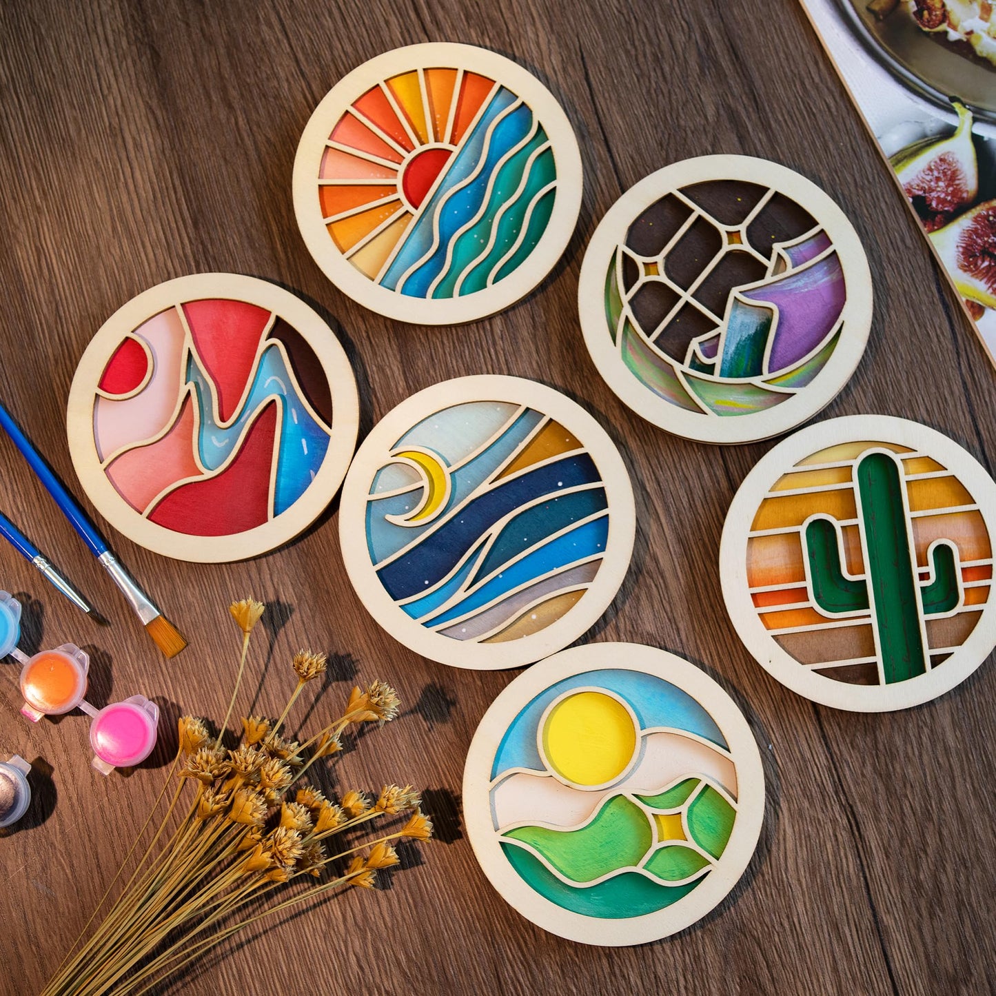 Temlum Wooden Coasters Painting Kit, Paint You Own Coaster Wooden Painting Craft Kit for Adults and Beginners Art Craft Supplies (Landscape)