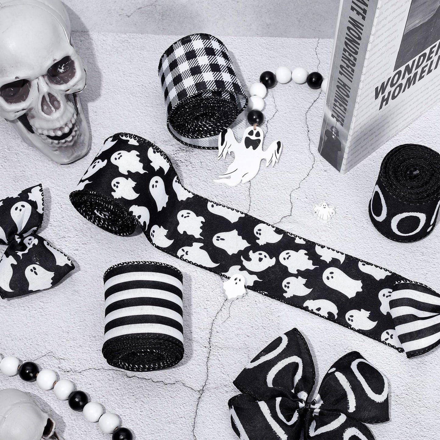 Whaline 4 Rolls Halloween Wired Ribbon Black White Ghost Pattern Gift Wrapping Ribbon Buffalo Plaid Stripe Decorative Ribbons for Crafts Bow Wreath Gift Wrapping Halloween Party Decor, 24 Yards