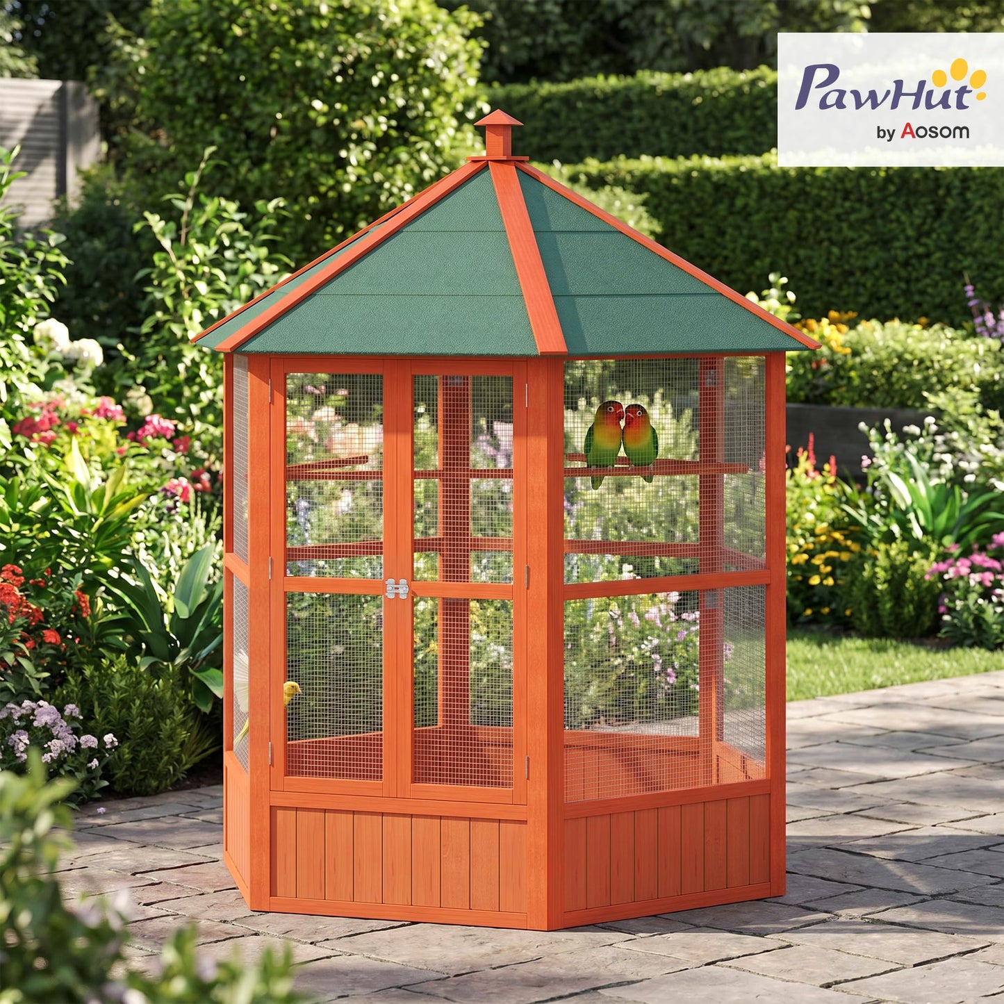 PawHut 69" Large Wooden Hexagonal Outdoor Aviary Flight Bird Cage with Covered Roof, Brown