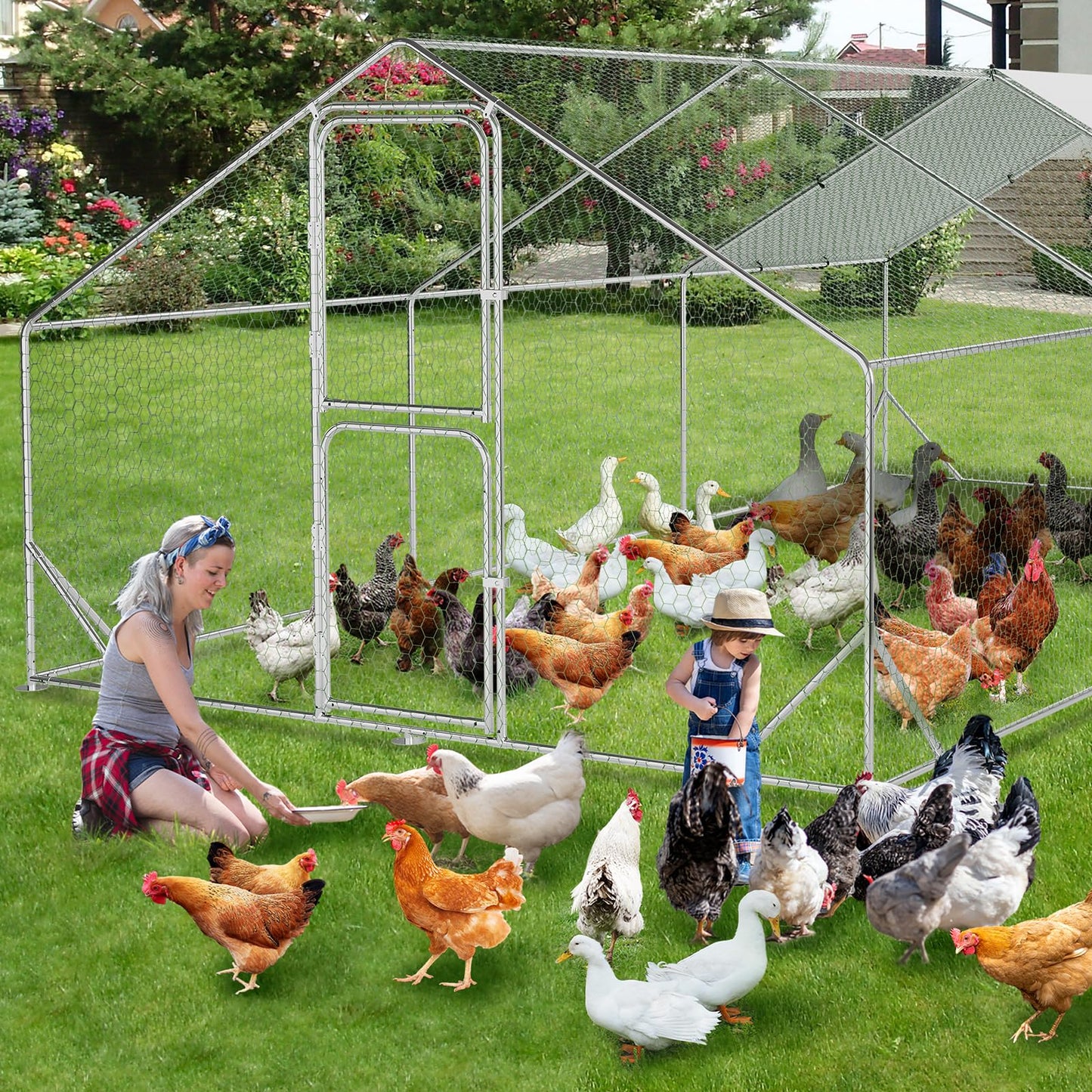 19.7' L x 9.8' W x 6.6' H Large Metal Chicken Coop, Outdoor Chicken Run with Cover and Double Door for Backyard Farm Yard