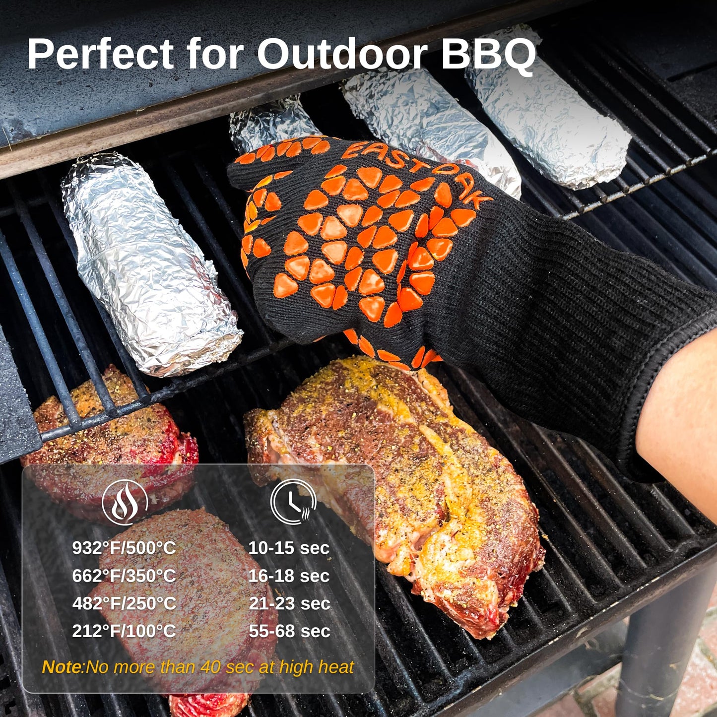 East Oak BBQ Gloves, 1472℉ Heat Resistant Gloves, Silicone Non-Slip Grill Gloves for Smoker, Fire Pits, Barbecue, Cooking, Black