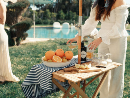 Business & Pleasure Co. Tall Folding Picnic Table - Perfect Outdoor Table for Picnics and Hosting - 4 Wine Glass Holders - Umbrella Hole - Premium Teak Hardwood