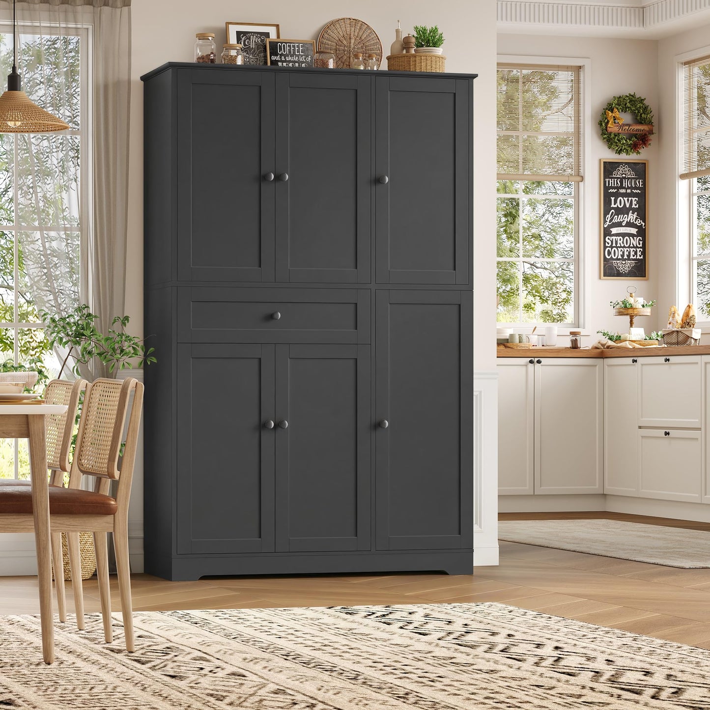 HOSTACK 68" Tall Kitchen Pantry Storage Cabinet, Modern Kitchen Hutch Cabinet with Doors and Shelves, Freestanding Food Pantry with Large Storage Drawer for Dining Room, Living Room, Black