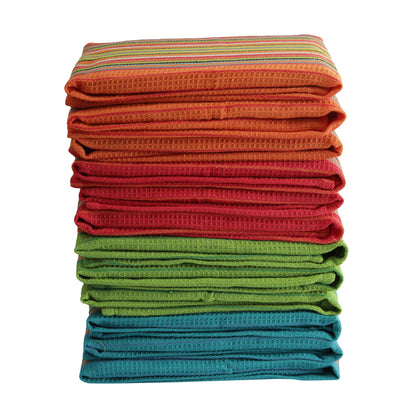 DG Collections Salsa Stripe Kitchen Dish Towels, 100% Cotton, Highly Absorbent, Multi Purpose Waffle Tea Towels for Cooking, Drying & Cleaning, 16x28 Inches, Pack of 12