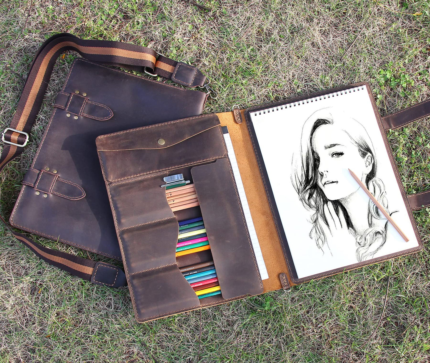 Robrasim Handmade Leather Sketchbook Cover, Artist Sketch Pad Holder for 9"X12" Top Spiral Bound Sketchbook, Drawing Book Pencil Case, Journal Portfolio with Shoulder Strap, Artist Gifts,Brown
