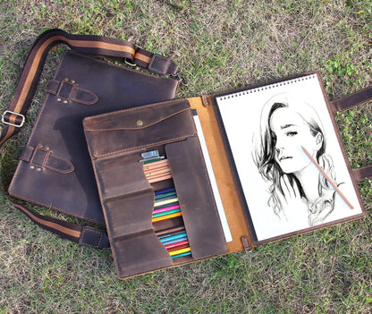 Robrasim Handmade Leather Sketchbook Cover, Artist Sketch Pad Holder for 9"X12" Top Spiral Bound Sketchbook, Drawing Book Pencil Case, Journal Portfolio with Shoulder Strap, Artist Gifts,Brown