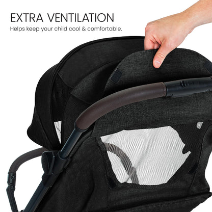 Britax Juniper+ Compact Stroller, Portable & Lightweight On-The-Go Stroller with Fastpack & One-Hand RapidFold, Infant Car Seat Compatible, Built-in Carry Strap, Ventilating Fabrics — Raven Black