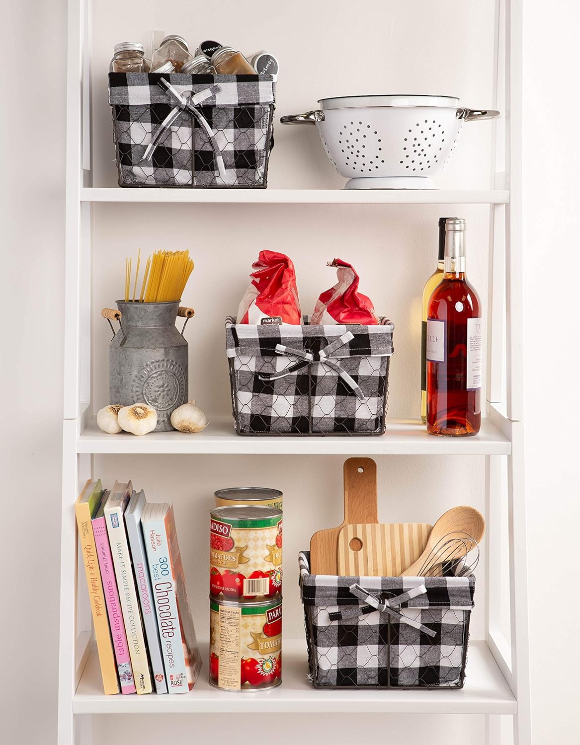 DII Farmhouse Chicken Wire Storage Baskets with Liner – Small, Vintage Black & White Check, 9x7x6", 3 Piece