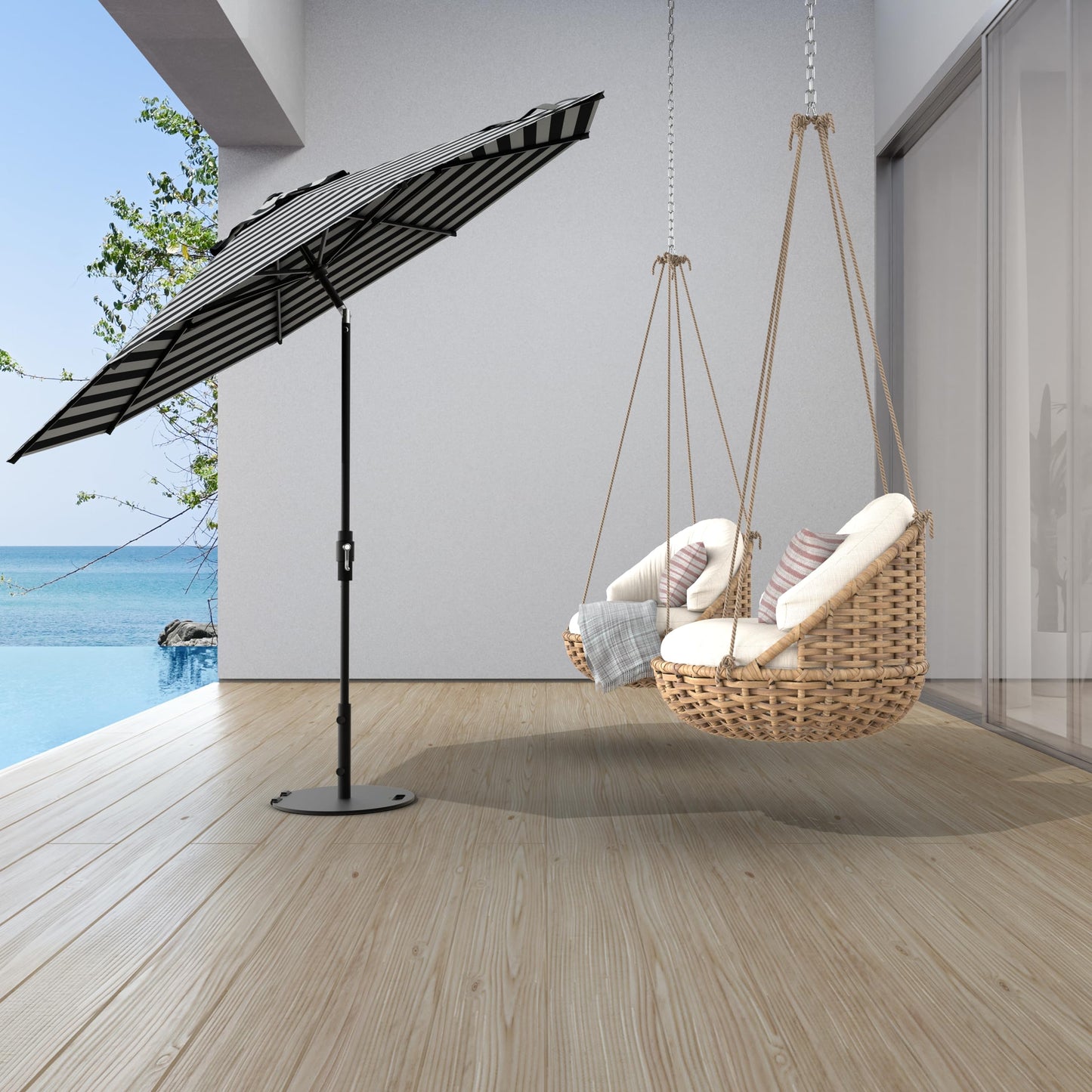 Midtown Umbrellas – The Swilt 9 Ft Patio Umbrella with 360° Swivel & Tilt Mechanism, Sunbrella Fabric & 8 Fiberglass Ribs – Outdoor Umbrella for Deck, Pool & Cafes – Black & White Canopy, Black Pole