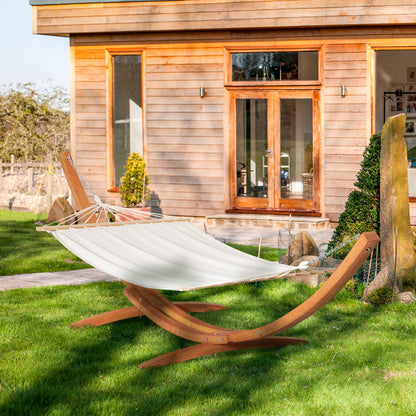 Outdoor Hammock with Stand, Extra Large 12.8' Heavy Duty Wooden Frame, Boho Style Nap Bed, Natural Cotton, 330 lbs Capacity, White