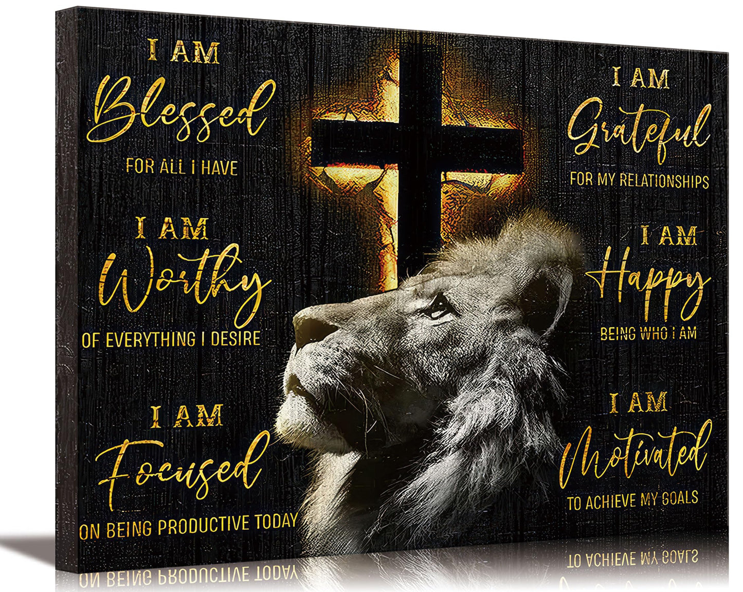 Motivational Lion Cross Canvas Wall Art Cross Christian Lion Wall Decor Pictures Painting Inspirational Affirmations Posters Prints Artwork for Living Office Home Decoration 12x16in