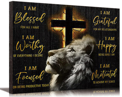 Motivational Lion Cross Canvas Wall Art Cross Christian Lion Wall Decor Pictures Painting Inspirational Affirmations Posters Prints Artwork for Living Office Home Decoration 12x16in