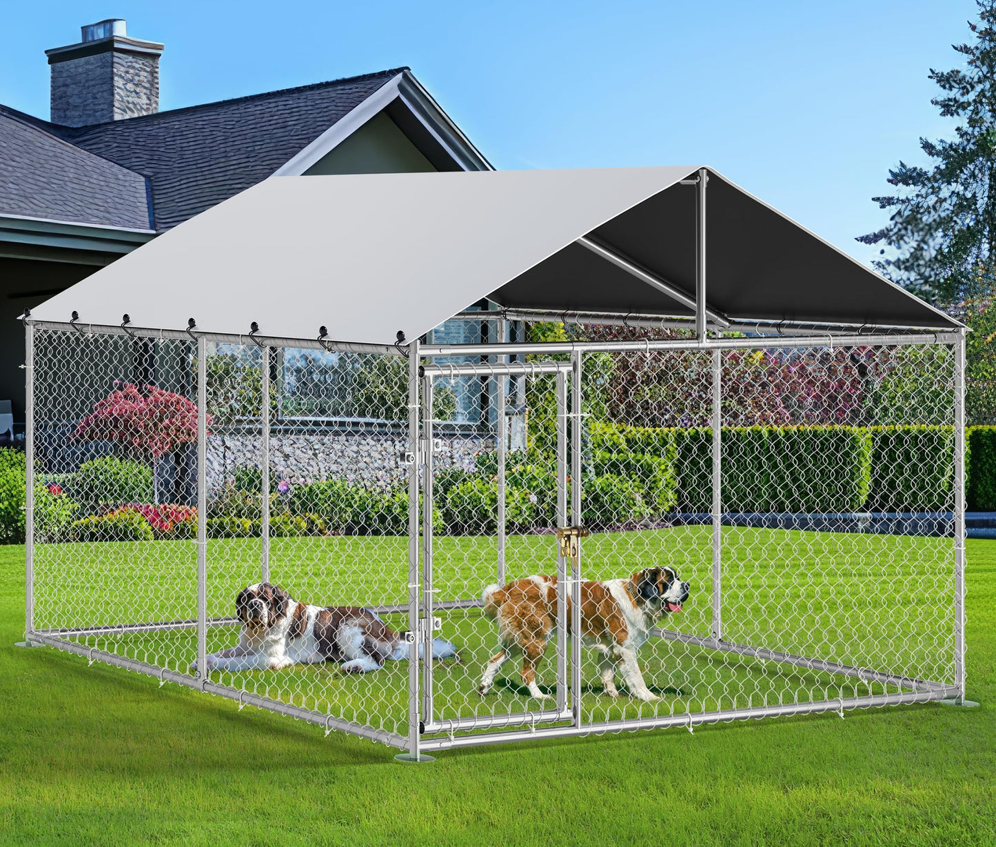YITAHOME 10'x10' Outdoor Dog Kennel with Metal Dog Gate, Outdoor Dog Pens with Roof, Heavy Duty Dog Kennel for Backyard Farm Use