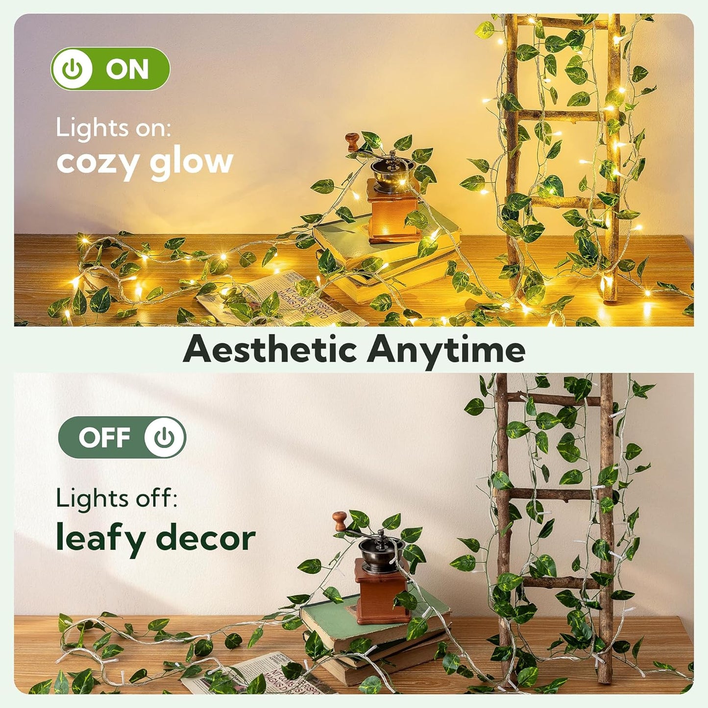 23 73 HEYFUNi Vines with Lights, Ft Led Faux Pothos String Lights Plug in, Leaf Lights for Bedroom, Wall, Balcony