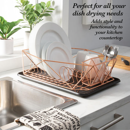 Kitchen Details Geode Deluxe Dish Drying Rack with Drain Board | Cutlery Basket | Utensil Holder | Iron Frame | Copper
