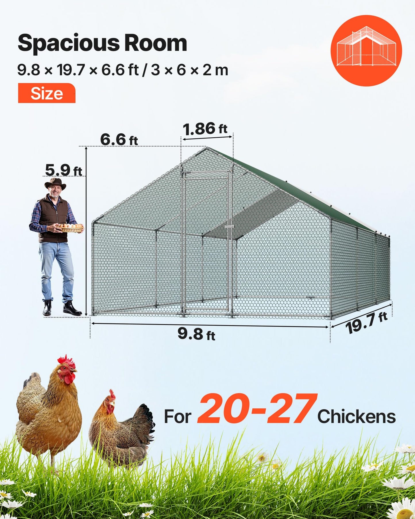 VEVOR Large Metal Chicken Coop, 19.7x9.8x6.5ft Walk-in Chicken Runs for Yard with Cover, Spire Roof Hen House with Security Lock for Outdoor and Backyard, Farm, Duck Rabbit Cage Poultry Pen