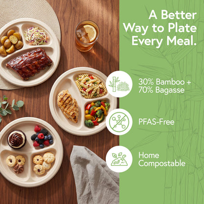 Jenvita Bamboo Paper Disposable Plates with Compartment (500-Pack, 9-inch) - Sturdy & Microwave Safe | Disposable Sectioned Plates | PFAS Free, Biodegradable | FSC Certified Alternative to Plastic