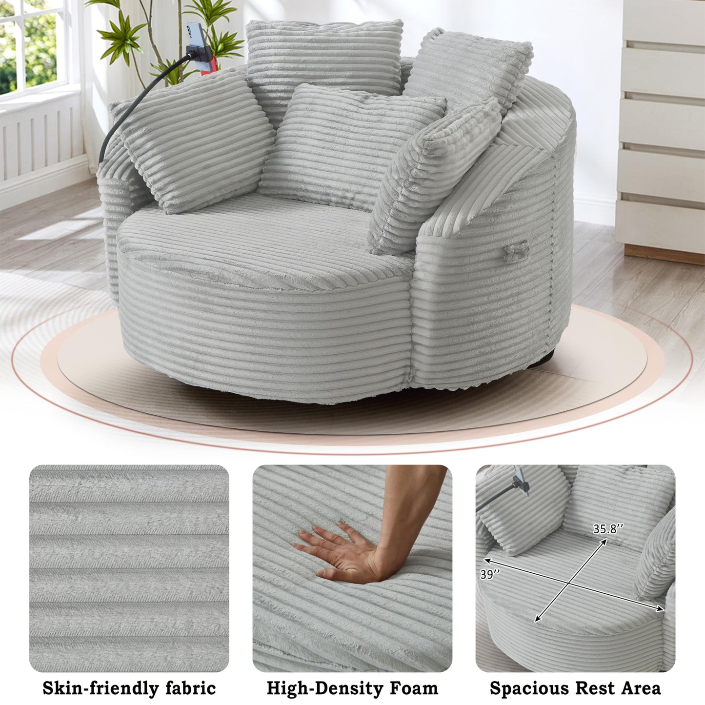 ERYE 360° Swivel Accent Barrel Chair Round Sofa Chaise with 5 Pillows and Adjustable Phone Holder, Modern Round Lazy Armchair for Living Room, Bedroom, Office and Hotel