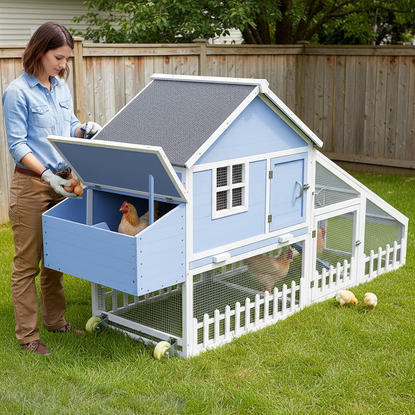 Weatherproof Wooden Chicken Coop – Indoor & Outdoor Walk-in Hen House with Run, Nesting Box, and Pull-Out Tray – Portable Backyard Poultry Cage for Easy Cleaning and Predator Protection