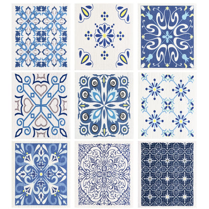 WILLBOND 9 Pieces Blue Style Swedish Kitchen Dishcloths Reusable Absorbent Hand Towels Sponge Cloth for Baking Cooking Kitchen Home Decoration Housewarming Gift