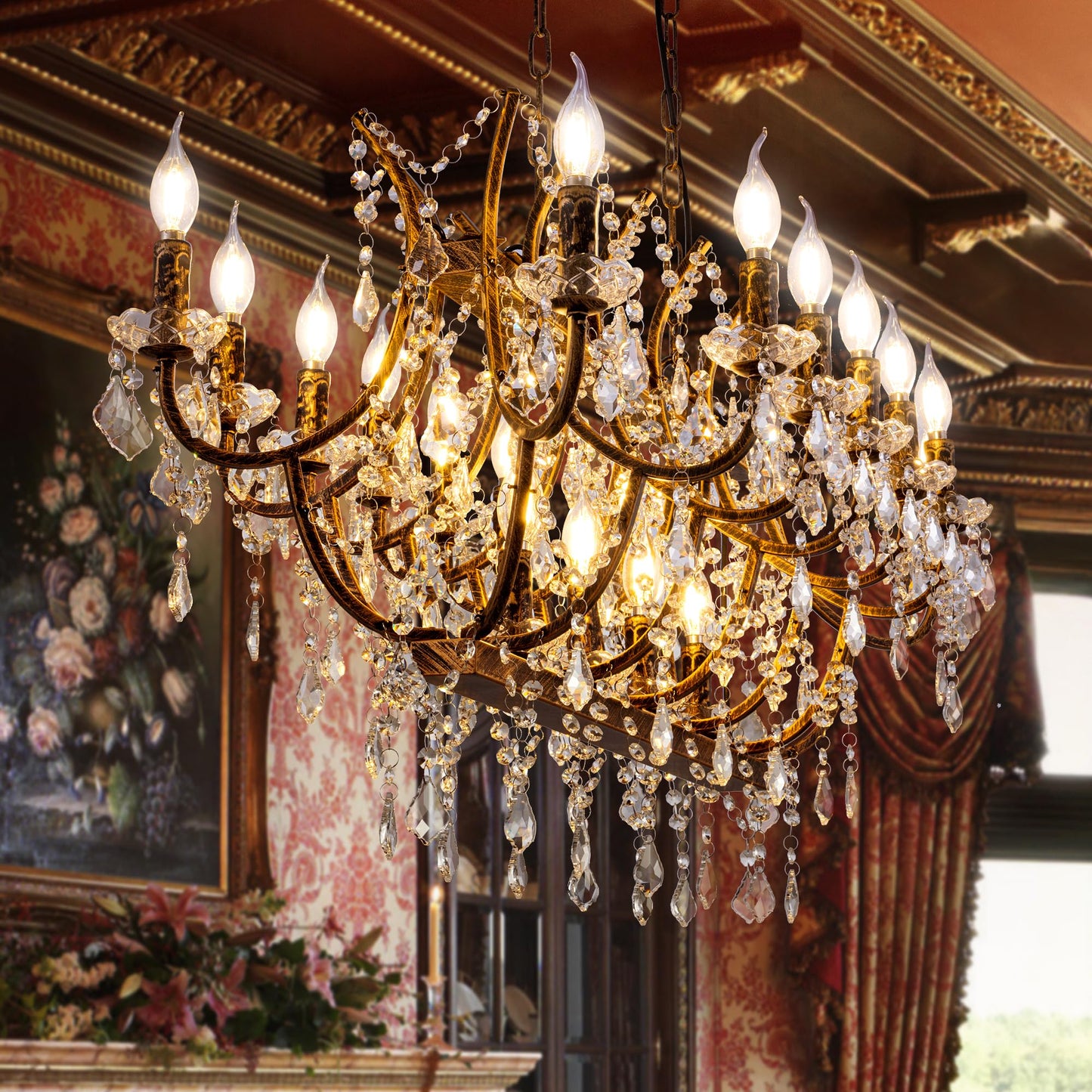 TOCHIC Crystal Chandelier Light Fixture, 18 Lights Luxury K9 Crystal Candle Chandeliers for Dining Living Room, L 40" Farmhouse Maria Theresa Chandeliers Ceiling Pendant Lighting for Bedroom Kitchen