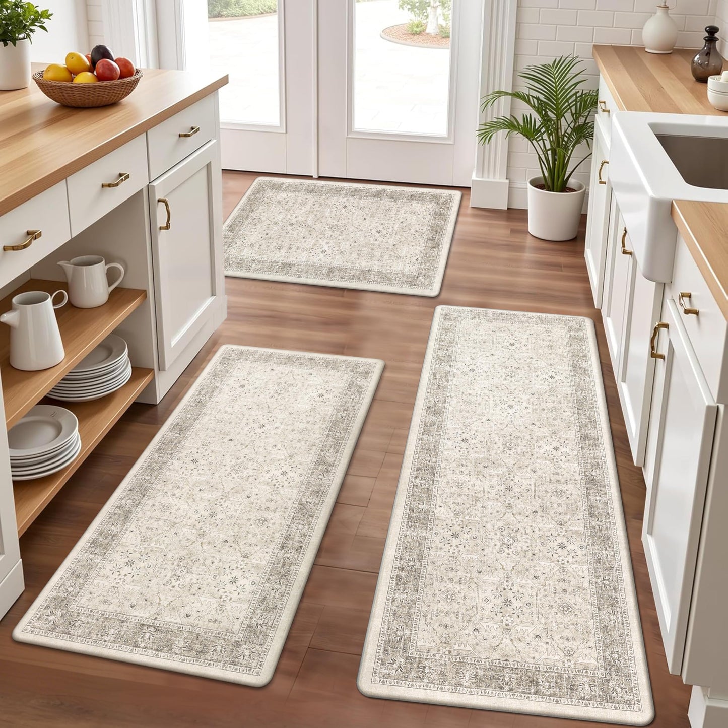 Pauwer Anti Fatigue Kitchen Floor Mats Set of 3, PVC Foam Padded Kitchen Rugs, Non Slip Cushioned Comfort Standing Mat, Waterproof Sink Rug for Small Kitchen Area, Laundry Room, Khaki