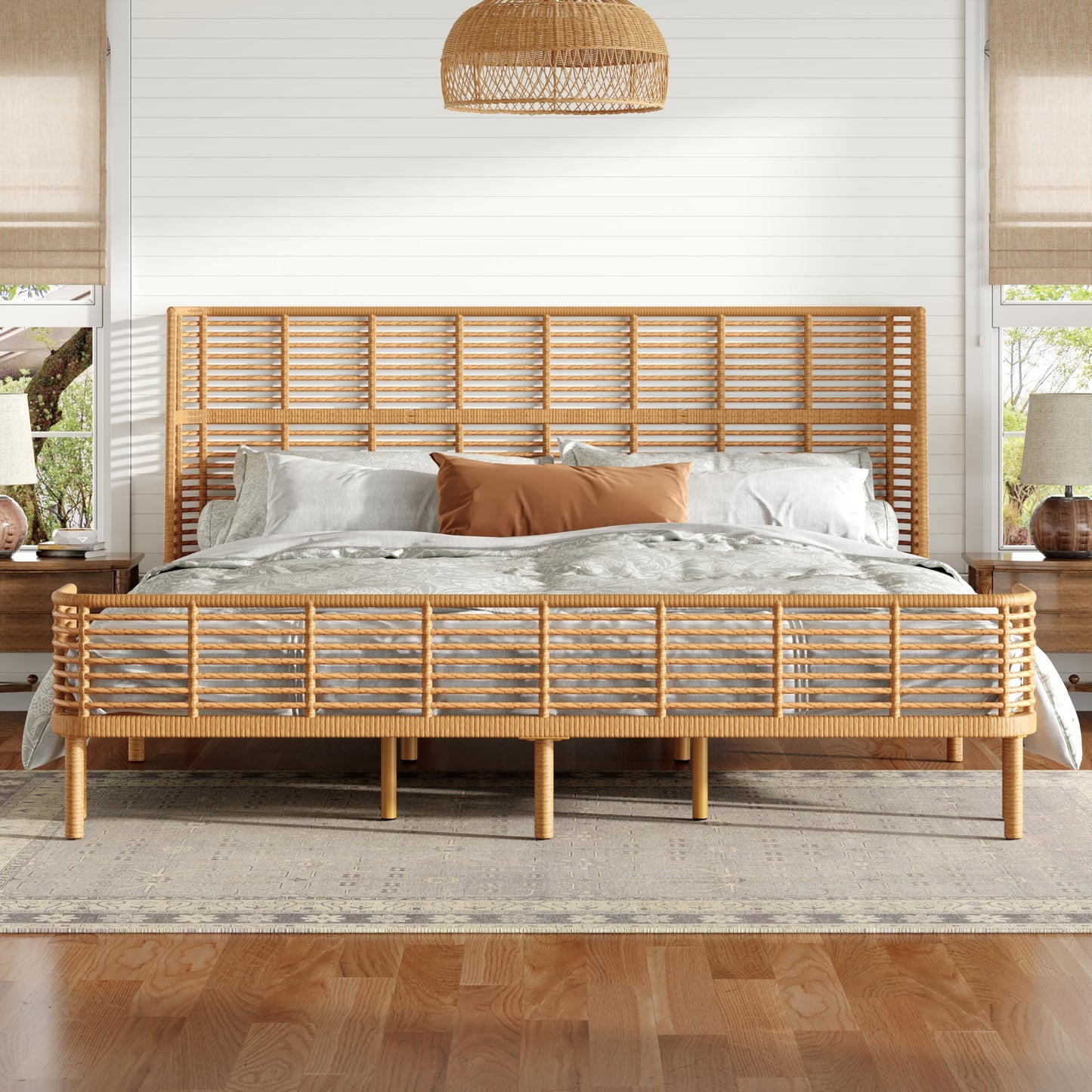 Christopher Knight Home Lamar Boho Rattan King Bed Frame and Headboard, Farmhouse PE Wicker King Size Bed Frame, Metal King Platform Bed Frame, No Box Spring Needed, Easy Assembly, Natural Finish