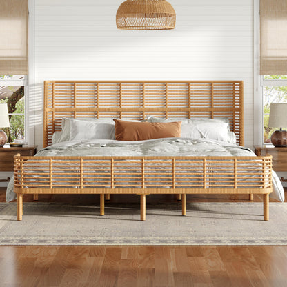 Christopher Knight Home Lamar Boho Rattan King Bed Frame and Headboard, Farmhouse PE Wicker King Size Bed Frame, Metal King Platform Bed Frame, No Box Spring Needed, Easy Assembly, Natural Finish