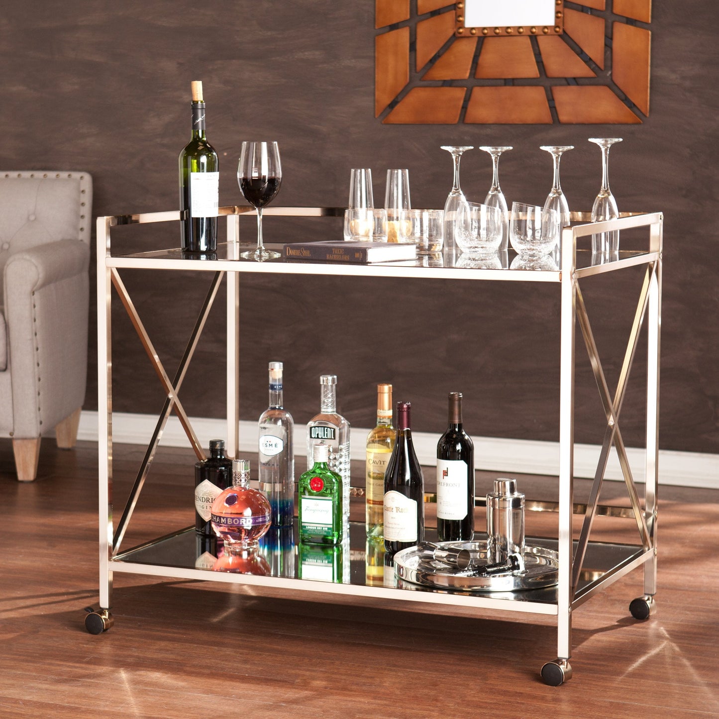 SEI Furniture - Maxton Bar Cart - Gold - Iron Metal & Mirrored Glass - Art Deco Design - Ideal for Living Rooms, Dining Rooms, Home Bars, 38.75"W x 23.3"D x 32.3"H (HZ2041)