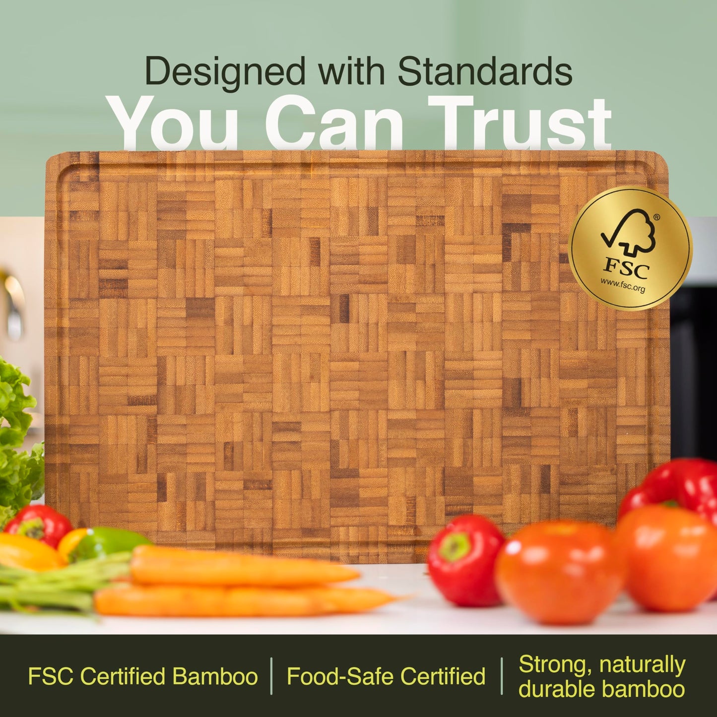 Cactus & Cubby Premium Bamboo Cutting Board. Deluxe Deep Carbonised End Grain Wooden Cutting Board. 16.5" x 11.8". Pre-oiled Butcher Block for Prepping & Serving. Knife Friendly