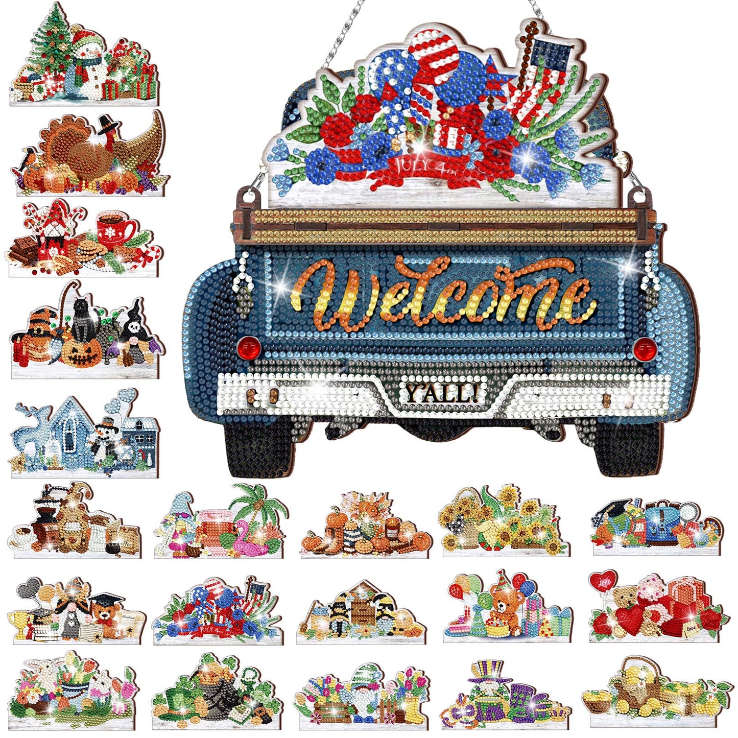 Burbell 21 Pcs Interchangeable Diamond Painting Welcome Sign for 4th of July Front Door Diamond Painting Truck Decor Interchangeable Seasonal Welcome Sign for Graduation DIY Wall Window Farmhouse