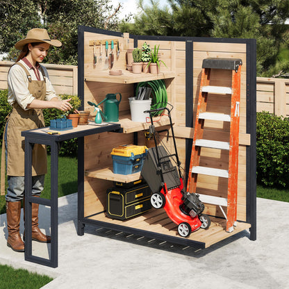Jocisland Solid Fir Wood Outdoor Storage Shed,Garden Tool Shed with Foldable Workbench, Adjustable Shelves,Sloping Roof,Weatherproof Utility Cabinet for Backyard,Patio&Lawn, Poolside,2.05x3.8x5.25 FT