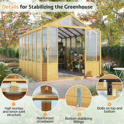 Jocisland 8x9.5x7.5 Ft Wooden Greenhouse, Pre-Assembled Solid Cedar Frame, Walk-in Design, Lockable Door, Adjustable Roof Vents, Polycarbonate Panels for Outdoor, Garden, Backyard