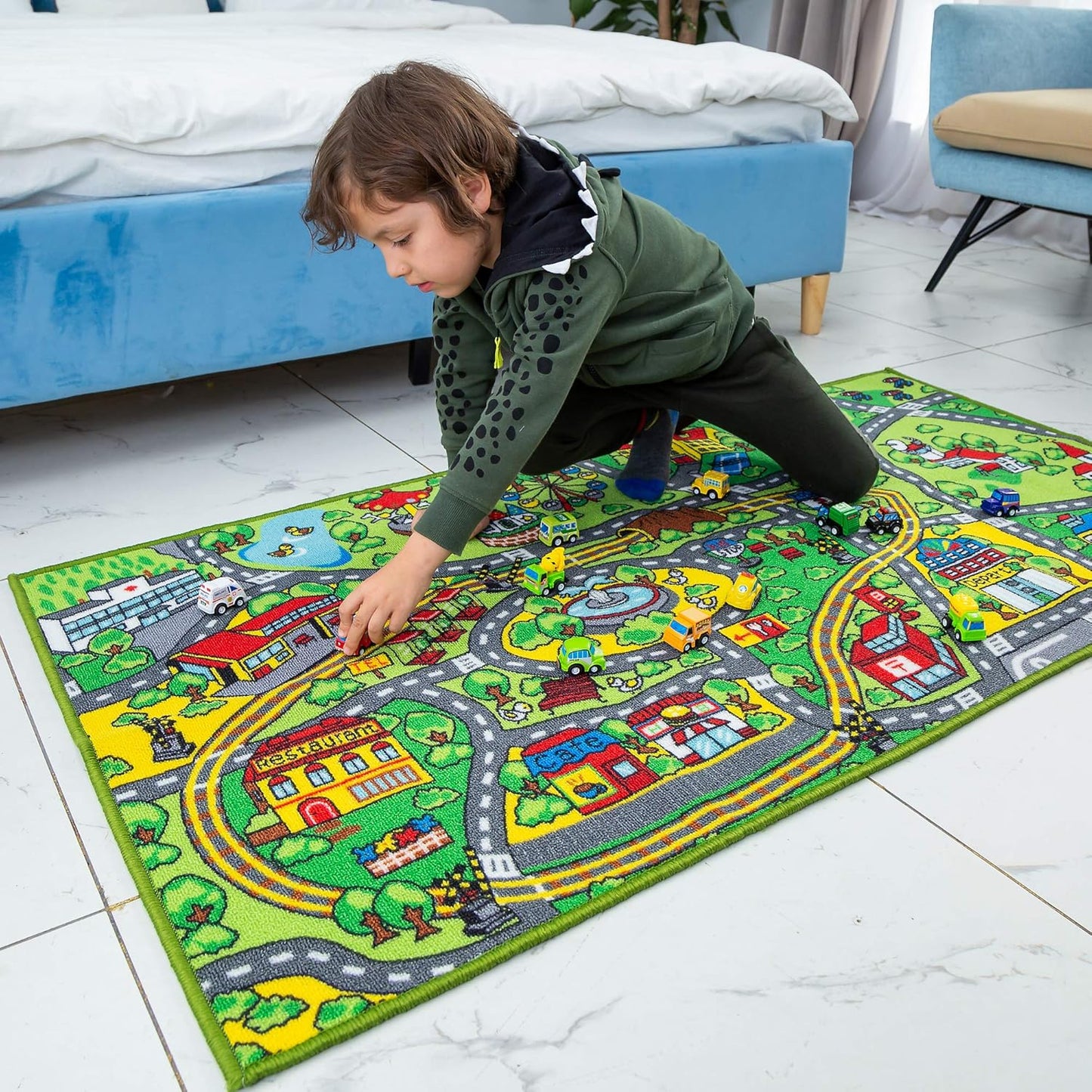 12 Set 3+, JOYIN Carpet Playmat w/ Cars Pull-Back Vehicle for Kids Age Jumbo Play Room Rug, City Pretending Play