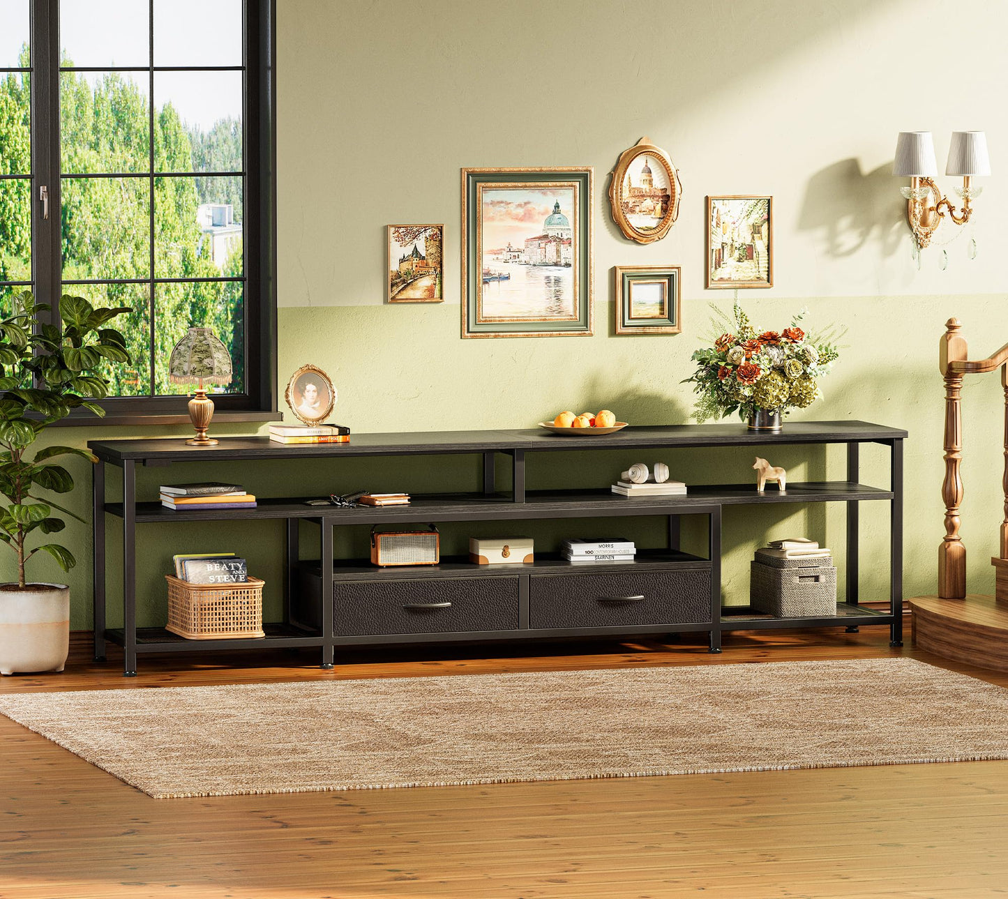 Huuger TV Stand for 75 80 Inch TV, Entertainment Center with Power Outlets and LED Lights, 70.9 Inch TV Console for Living Room, Media Console with Drawers and Shelves, Black