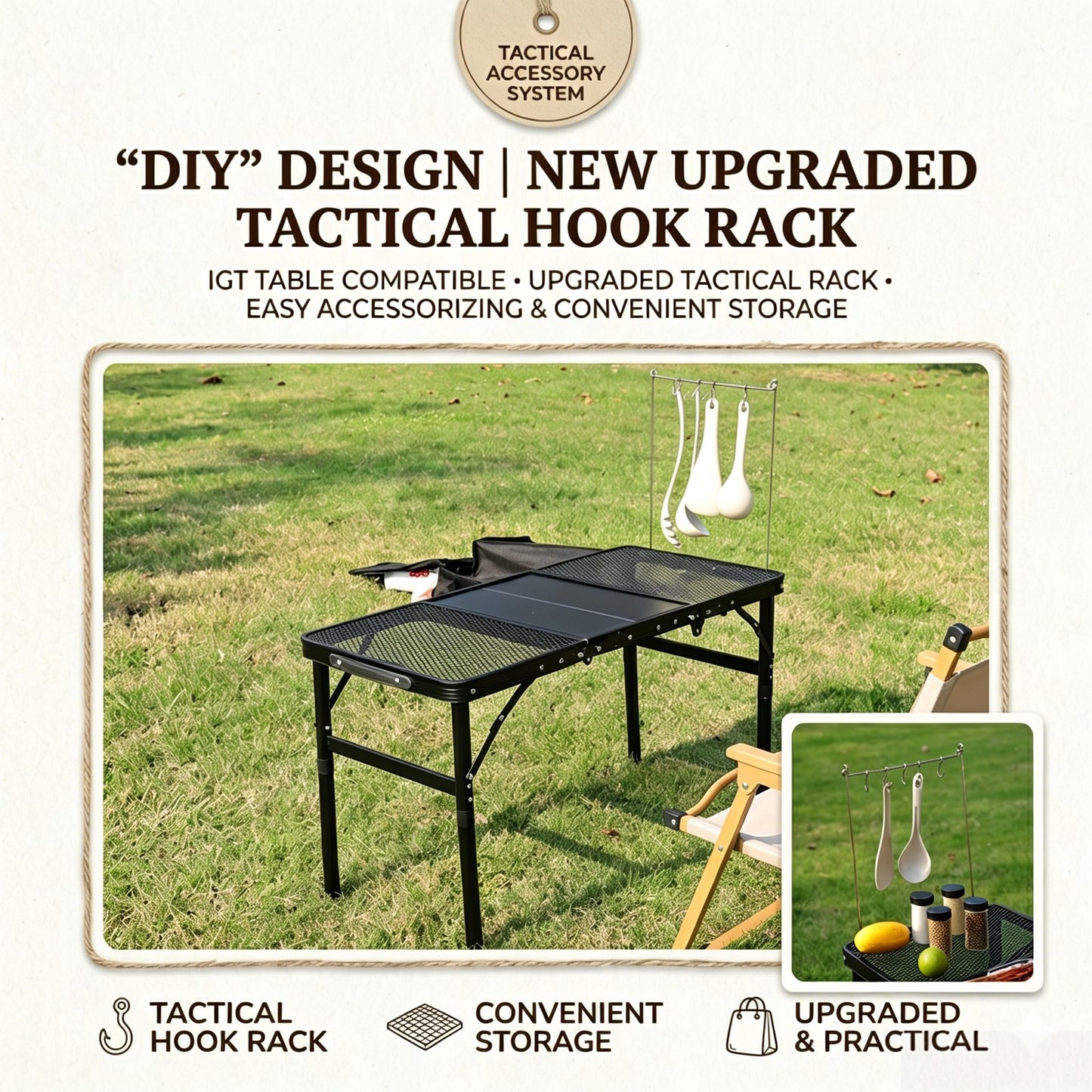 Portable Folding Aluminum Camping Table — IGT-Compatible Modular Camp Kitchen Table, Carbon Steel Mesh Top with Tactical Hooks & Carry Bag, for Camping Picnic Tailgating BBQ Outdoor Cooking