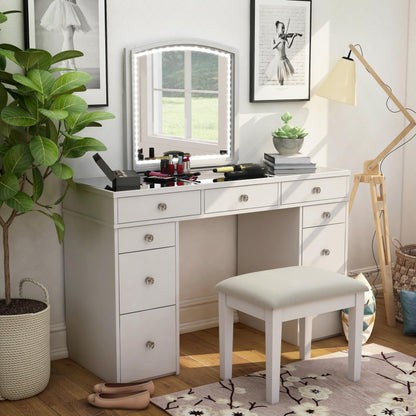 24/7 Shop at Home Juno Modern White Vanity Desk with Mirror and LED Lights, Makeup Table with 9 Drawers, Upholstered Stool with Wood Legs, Bedroom Furniture Set, Dressing Room, Youth Room