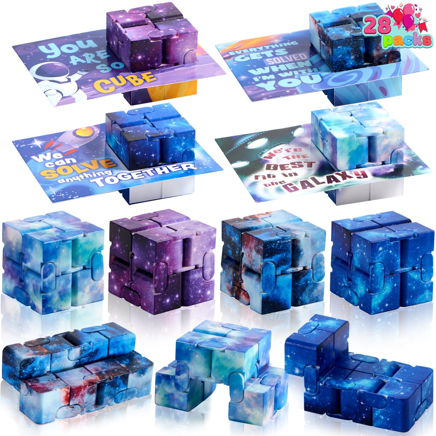 JOYIN 28 Packs Valentine’s Day Gift Cards with Infinity Magic Toys, Cosmic Hand-Held Flip, Stress Relief Fidget Toys for Kids Valentine's Party Favors, Classroom Exchange and Goodie Bag Stuffers