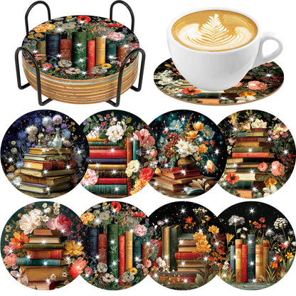 8 Pcs Book Diamond Art Coasters Kit with Holder and Cork Pads, Floral DIY Diamond Painting Coaster Kit for Adults Beginners, Round 4 Inch Drink Coasters Craft Set for Home Decor