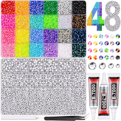 40000Pcs Resin Rhinestones for Bedazzling Kit, 2 Boxes Multicolor 3mm & Clear 3/4/5/6mm Bedazzled Crystal, Flatback Gems with 3Pcs 10ml B7000 Jewelry Glue for DIY Crafts Clothing Nail Art Makeup