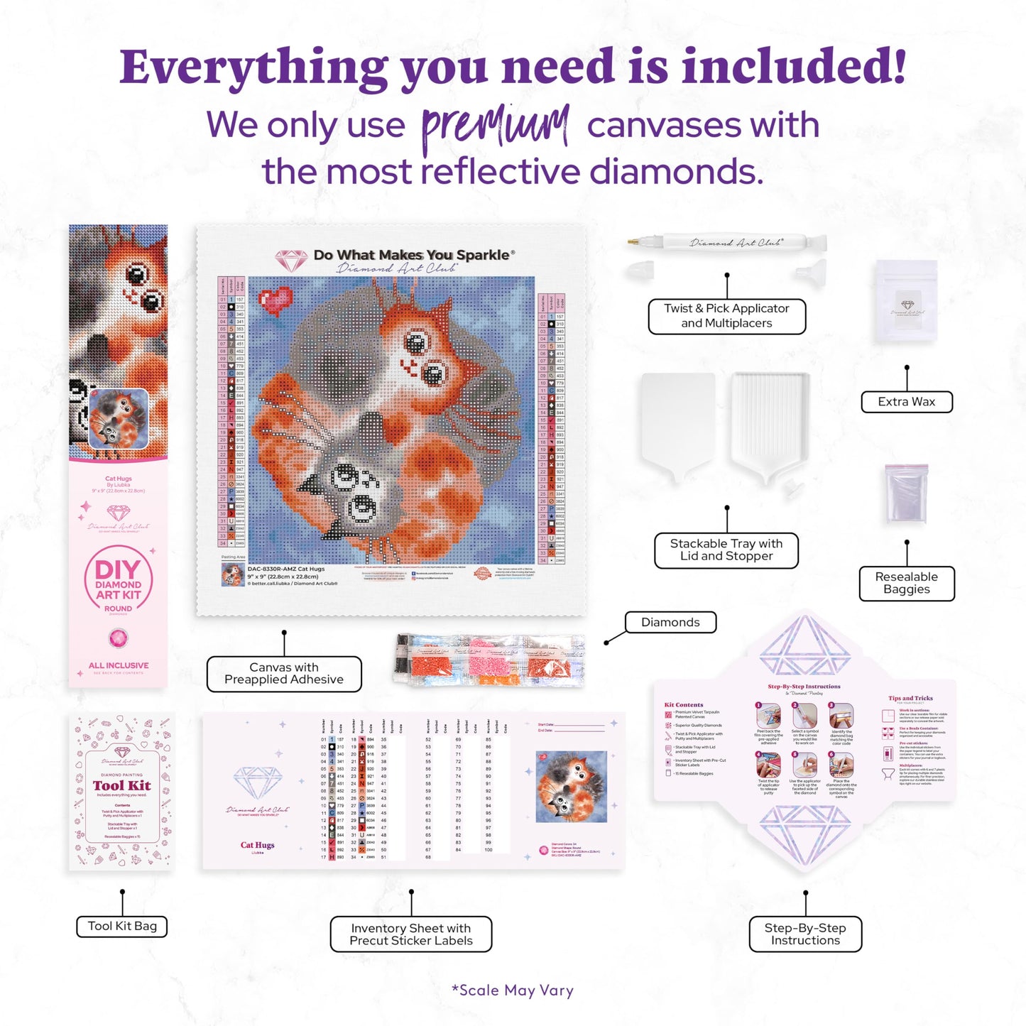 DIAMOND ART CLUB Cat Hugs Diamond Painting Kit, Fun DIY Crafts for Adults, Round Diamond Art Canvas, 9" x 9" (22.8 cm x 22.8 cm)