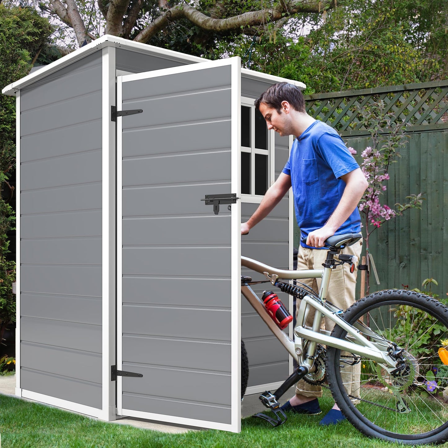 DWVO 5x3 FT Outdoor Storage Shed with Floor, All-Weather Resin Storage Shed with Window & Lockable Door, Waterproof Plastic Tool Storage for Garden Patio, Gray